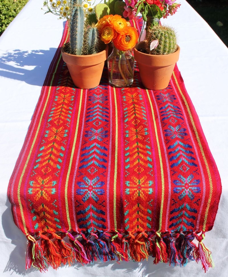 Del Mex Woven Rebozo Style Mexican Table Runner Scarf (Red) - Image 3